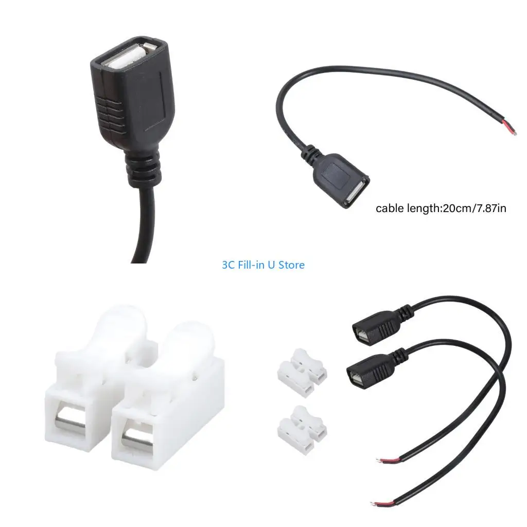 G8TA 2pcs USB Female to 2Pin Bare Wire Pigtail Cable 5V Power Cord With Connectors For DIY Electronics Bedside Lamp USB Fan