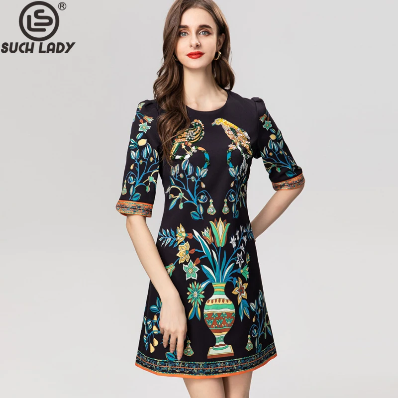 

Women's Runway Dresses O Neck Short Sleeves Sequined Printed Fashion Mini High Street Casual Vestidos