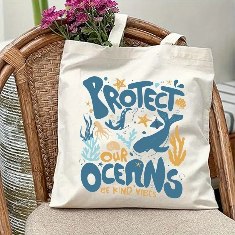 

Protect Our Oceans Tote Bag Environmental Print with Sea Creatures Reusable Bag for Ocean Lovers