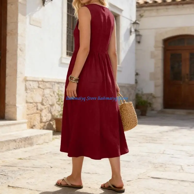 573B Leinen-Maxikleider für Damen, lässig, V-Ausschnitt, langes Hauskleid, ärmellos, trendige Urlaubskleidung mit Taschen