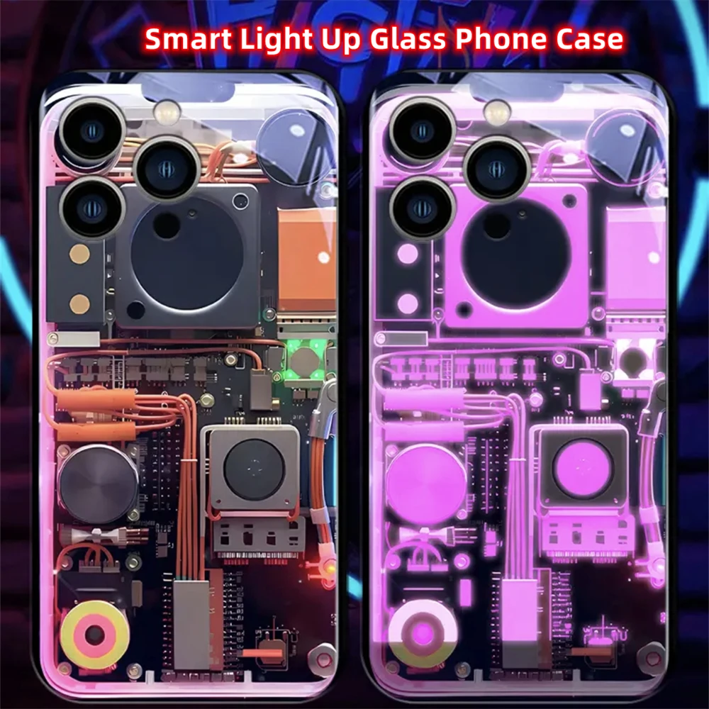 Cool Mechanical Slide Design Smart LED Light Glow Tempered Glass Phone Case For iPhone Air 17 16 15 14 13 12 11 Pro Max Plus view 5