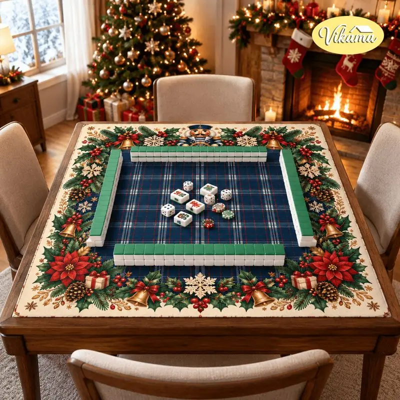 VIKAMA Christmas Mahjong Mat Wreath Poinsettia Pinecone Bells Soft Non-Slip Mahjong Play Mat Game Room New Year Festival Decor
