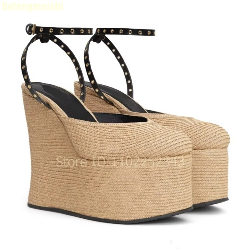 Grass Woven Platform Women Summer Sandals Shallow Ankle Strap Super High Heel Wedges Sandals 2025 New Linen Round Toe Sandals - Image 4