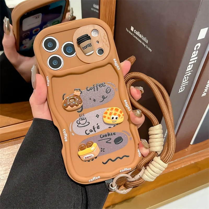 3D Cartoon Bread With Wrist Strap Wavy Phone Case For iPhone 17 16 15 14 13 12 Pro Max Push-Pull Sliding Camera Shockproof Cover view 2