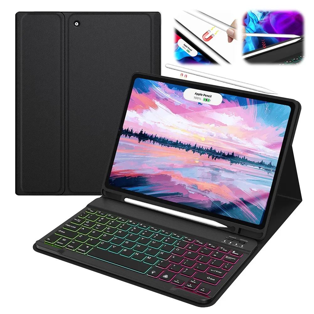 For iPad Pro11 2024 Case with Keyboard 7 Color Backlight Flip Stand Case with Pencil Holder Tablet Case Bluetooth-Compatible 3.0