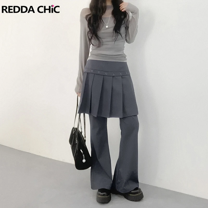 REDDACHiC Women Pleat Skirt Wrap Pants Grunge Office Low Rise Gray Solid Eyelets Decor Flare Dressy Trousers Korea Streetwear
