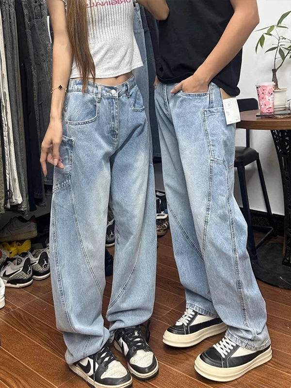 

Light Blue Deconstructed Knife Jeans Men's Autumn American High Street Loggers Design Straight Leg Denim Pants