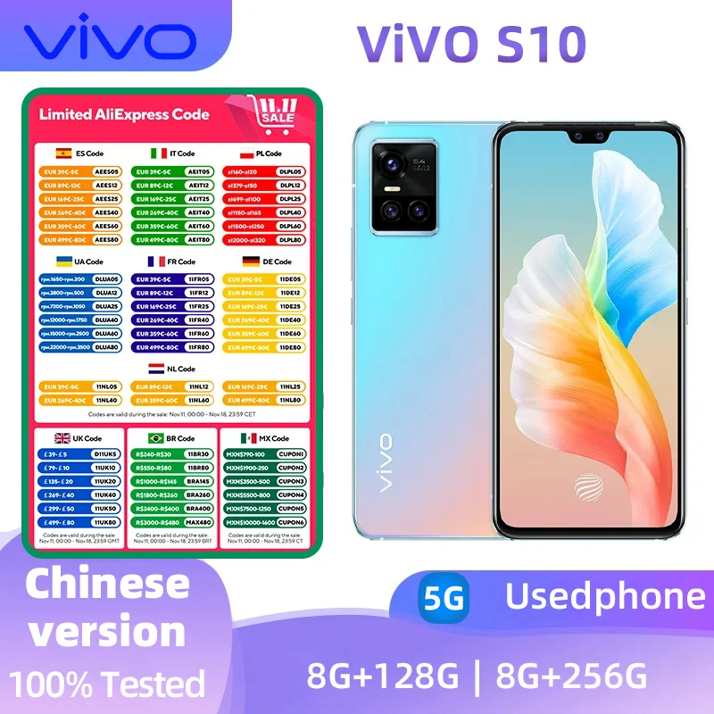 Vivo S10 5G Smart Phone Android CPU Dimensity 1100  6.44 inches Screen ROM 128GB 44W Charger 64.0MP Cameras  Face ID Used Phone