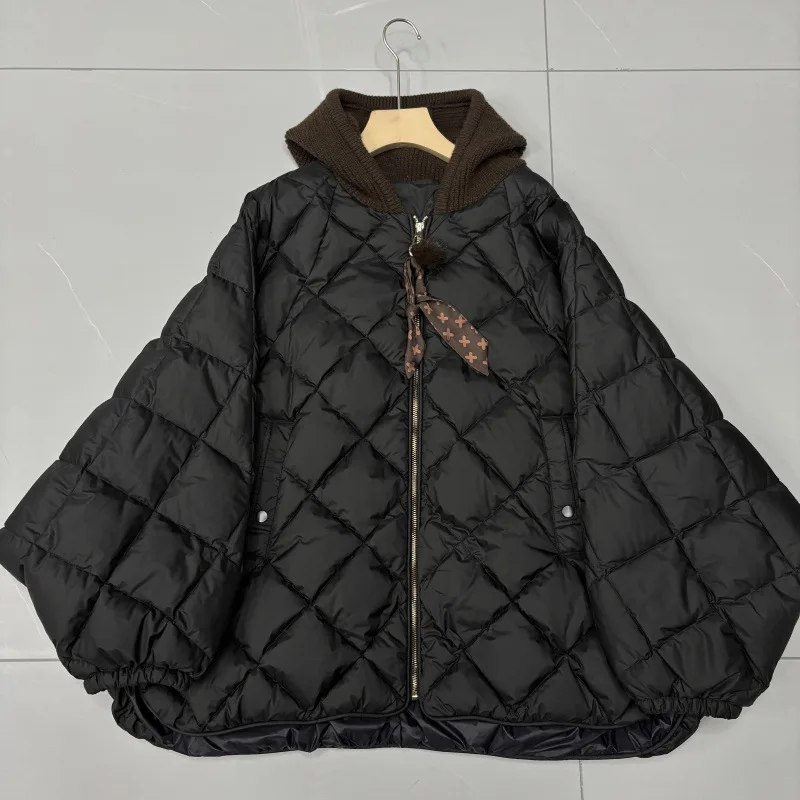 Nouveau automne hiver à capuche diamant grille blanc canard vers le bas Parka mode tricoté chapeau doudoune pour les femmes