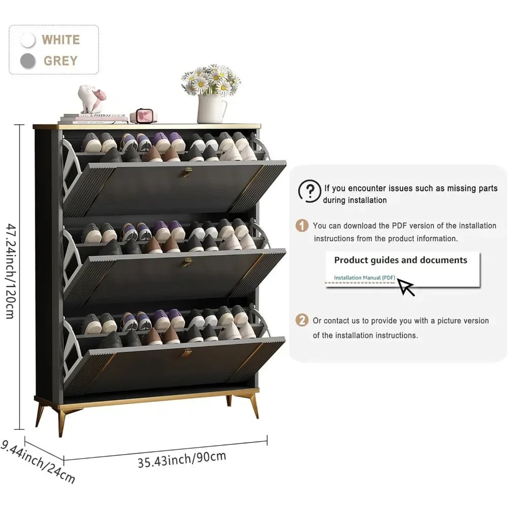 Shoe Cabinet with 3 Clamshell Drawers, Modern Slim Hidden Shoe Storage and Freestanding Tipper Rack with Narrow Entry Grey