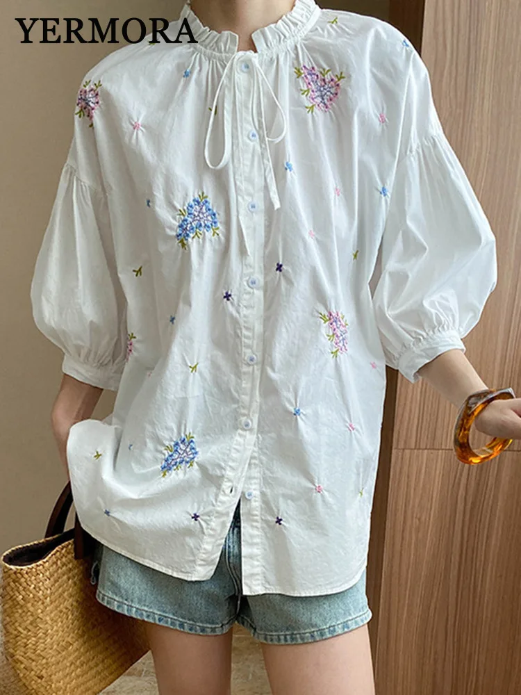 

YERMORA White Embroidery Flower Casual Blouse For Women Stand Collar Long Sleeve Loose New Shirt Fashion Tide Srping Summer 2025
