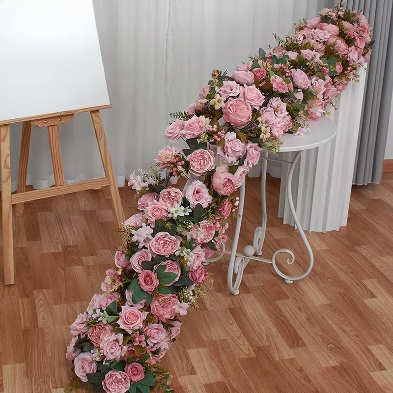 Floral europeo con fondo de boda hecho a mano, fila larga de flores artificiales, arco de flores decorativo, Día de San Valentín