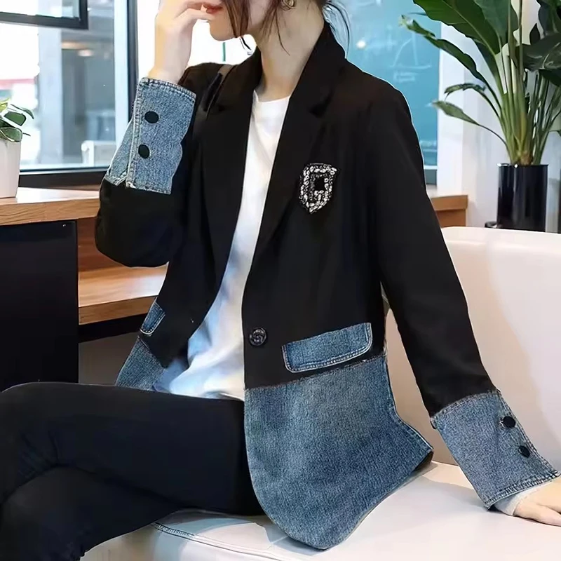

Fashion Patchwork Jeans Jacket Outcoats Women's New Spring Thin Female Stitching Single Layerr Holiday Vacation Streetwear coat