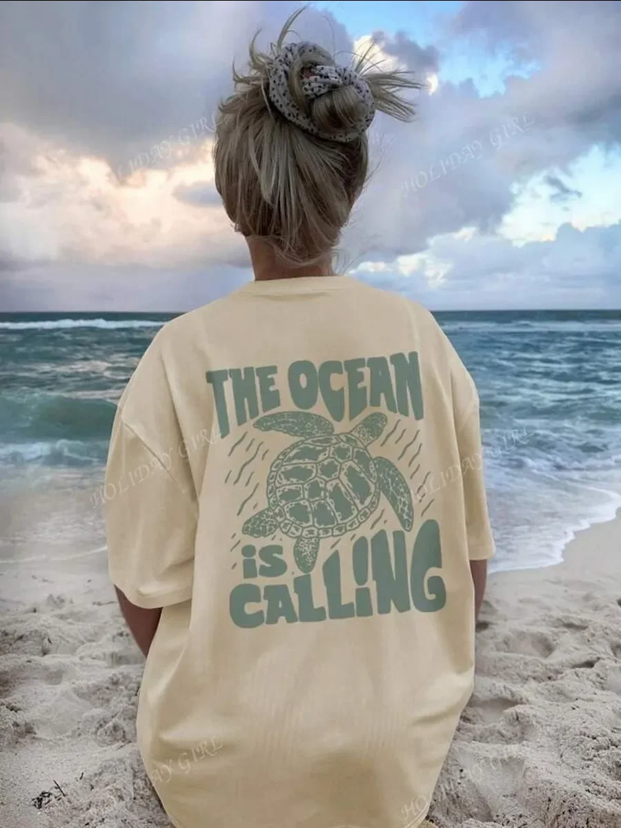 Cute Beach Sea Turtle Funny Back Printed T Shirts Apricot 100% Pure Cotton Oversize Graphic Tee Holiday Style Comfortable Summer