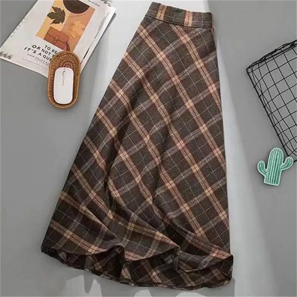 Woman A Line Pleated Plaid Skirt Female 2024 Korean Style Thick High Waist Long Skirt Autumn Winter Woolen Skirt Women