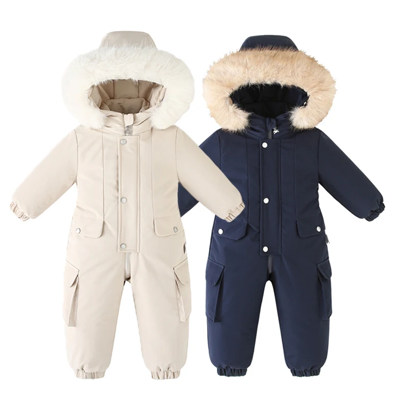 Winter Baby Ski Suit Plus Velvet Baby Jumpsuit Thicken Boys Overalls Warm Kids Clothes Waterproof Children Snowsuit 1-5 Years