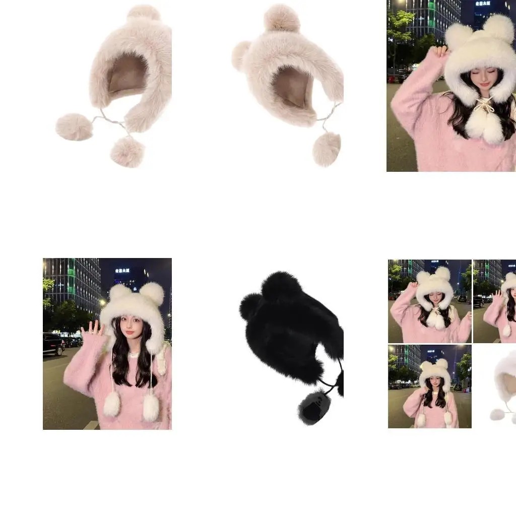 652F قبعة دب كبيرة الحجم مع أذن و POMPOMS التزلج قبعة هود الدعائم الكارتون