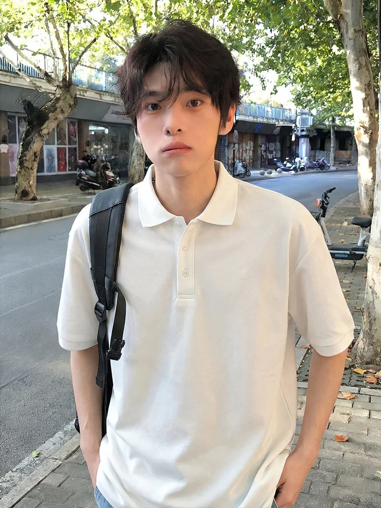 Black Short Sleeve  Shirt Men's Summer Youth Heavyweight Cleanfit Collar Five Points Casual Style  Color Fashionable...