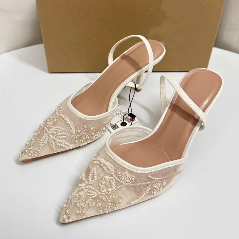 2024 Women Embroidered Mesh Heels Elegant White Beading French High Heeled Shoes Ladies Sexy Lace Evening Party Mules Pumps New