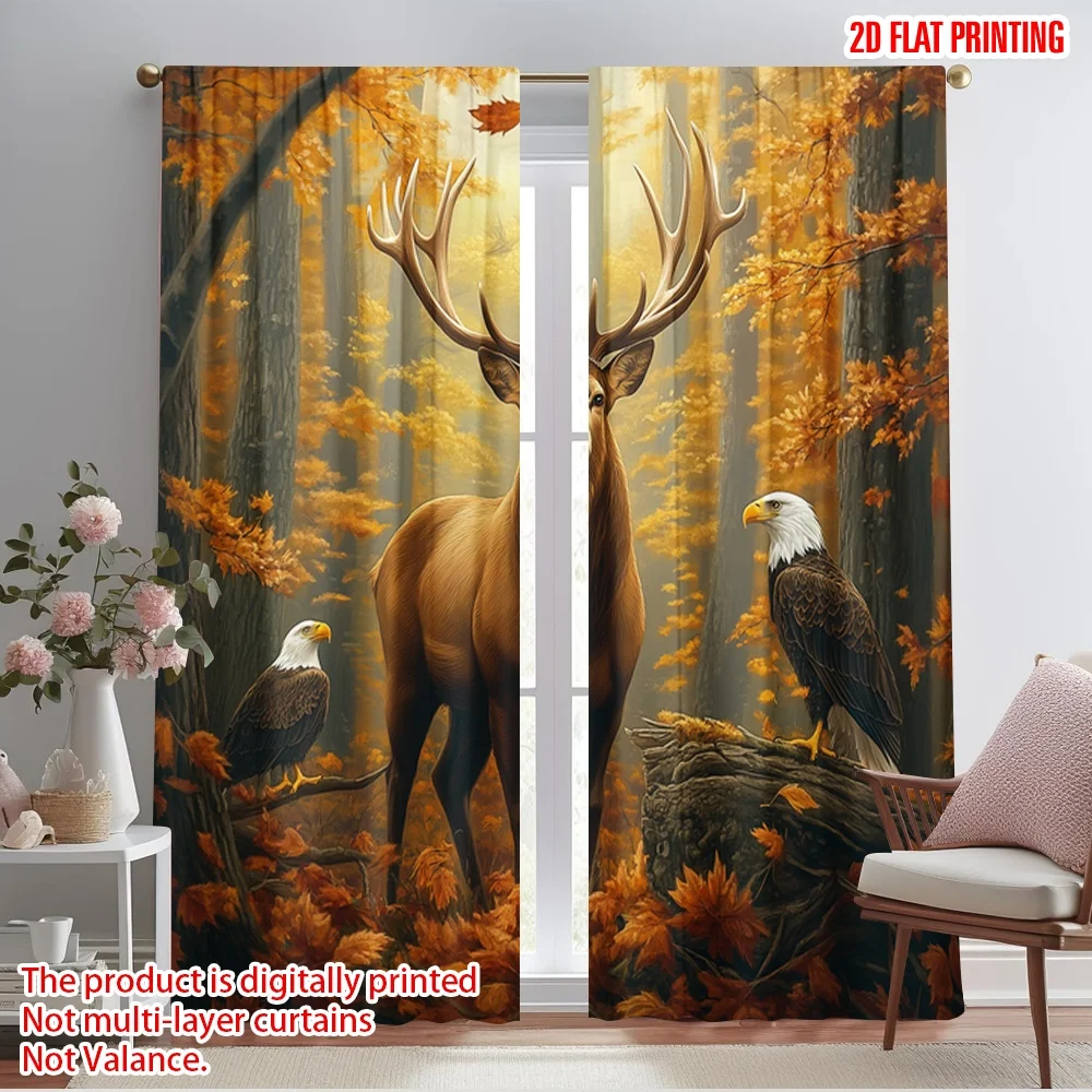 2pcs,2D plane printing Curtains Roller Blinds Deer Eagle Bear Forest Autumn (2) Polyester Fabric (without rod) Gifts Use for