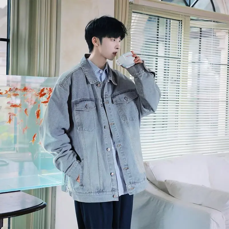 

Waed Denim Jaet Men's Spring Autumn Casual Collar ex Street Sle Loose Fit Outdoor Faion Stand Sve Length