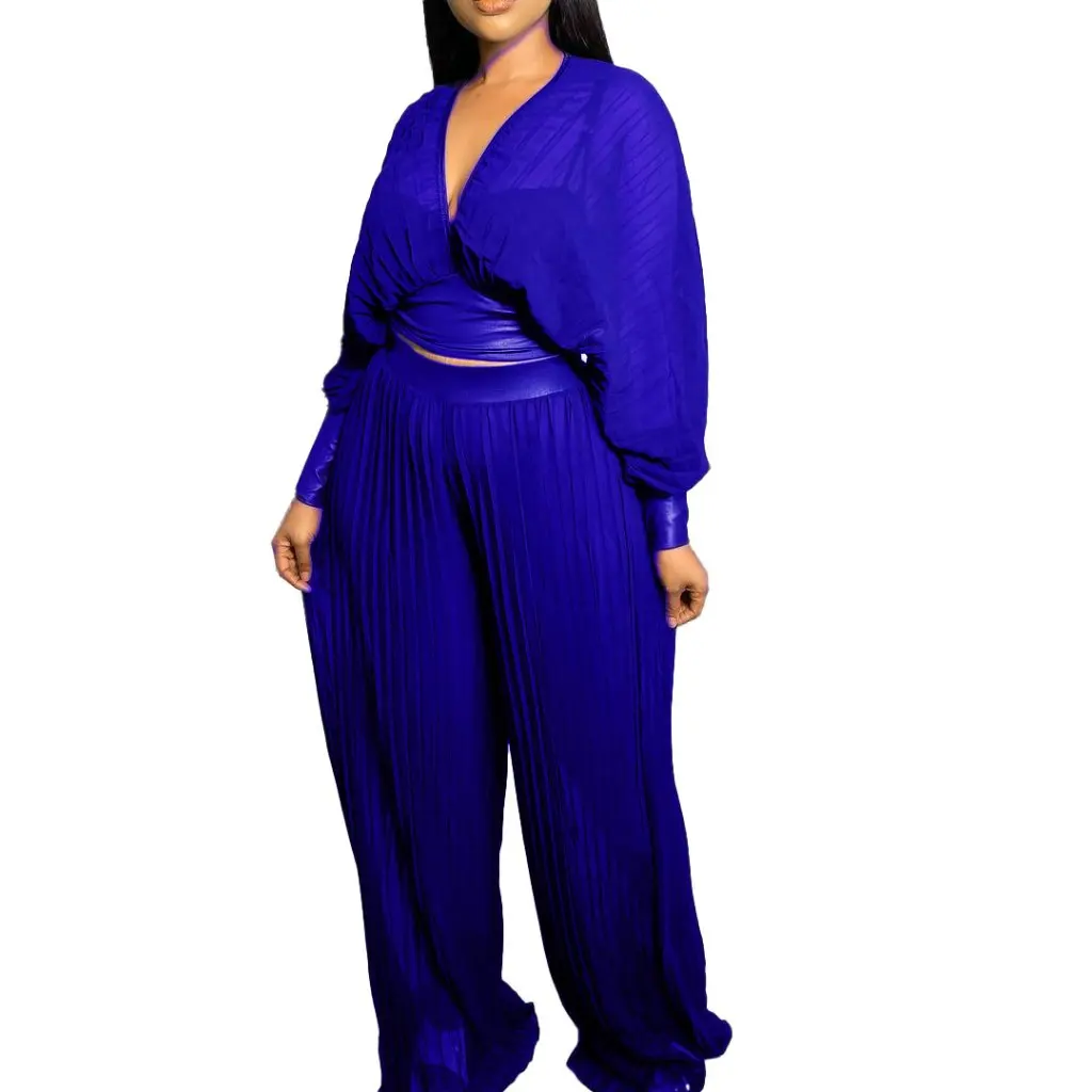

Women's Summer Outfit D3098 Long Sleeve V-neck Batwing Sleeve Top And Pleated Wide Leg Pants Two-piece Set