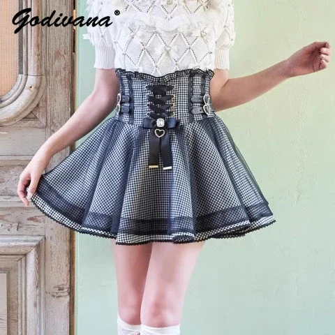 Japanese Liz Skirt New Summer Lace Edge Leather Ring High Waist Pleated Skirt Ribbon Bow Short Skirts Sweet Big Bow Lolita Shirt