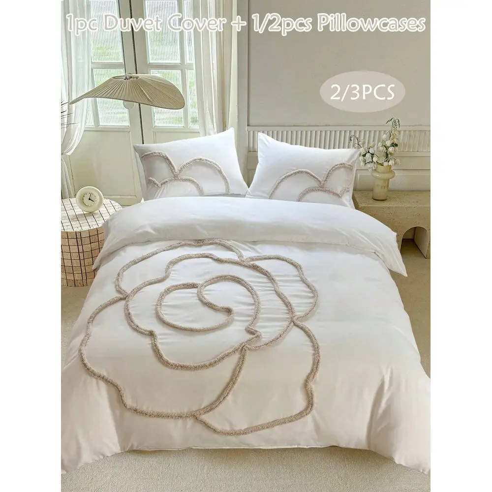 

Комплект из 3 предметов: белый комплект постельного белья с цветочным узором из полиэстера, простой и элегантный комплект в пасторальном стиле, подходит для всех сезонов, 1 пододеяльник