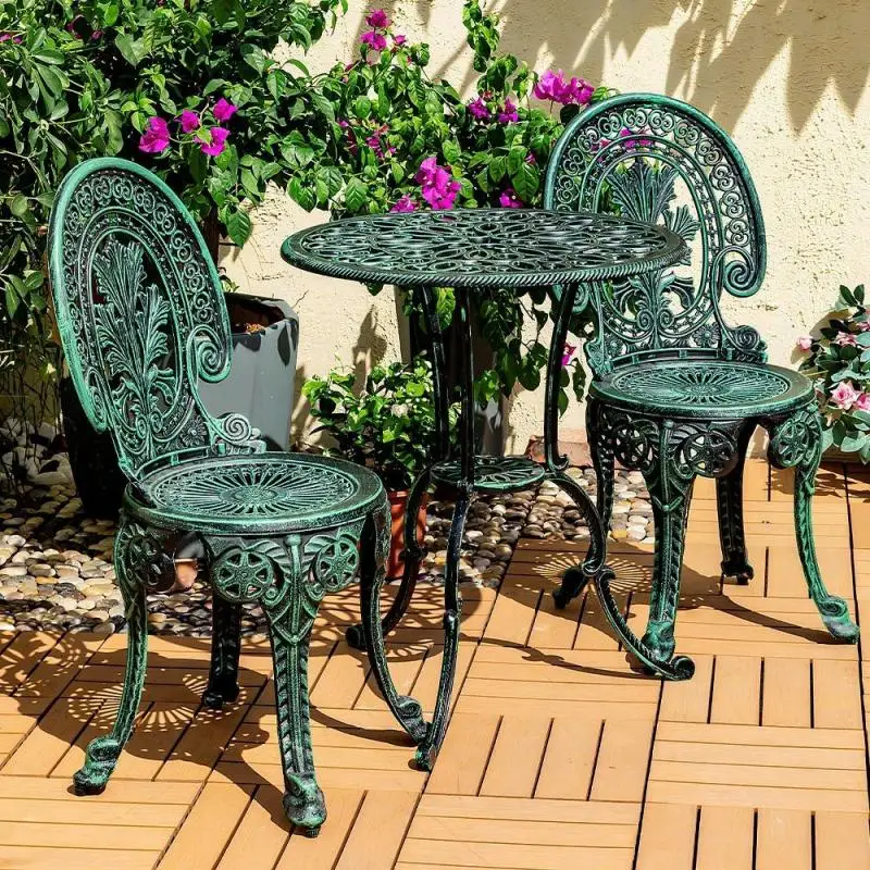 3Pcs Set Outdoor Courtyard 1 Table and 2 Chairs with Mats Balcony Garden Retro Metal Terrace Roof Leisure Small Tea Table Chair