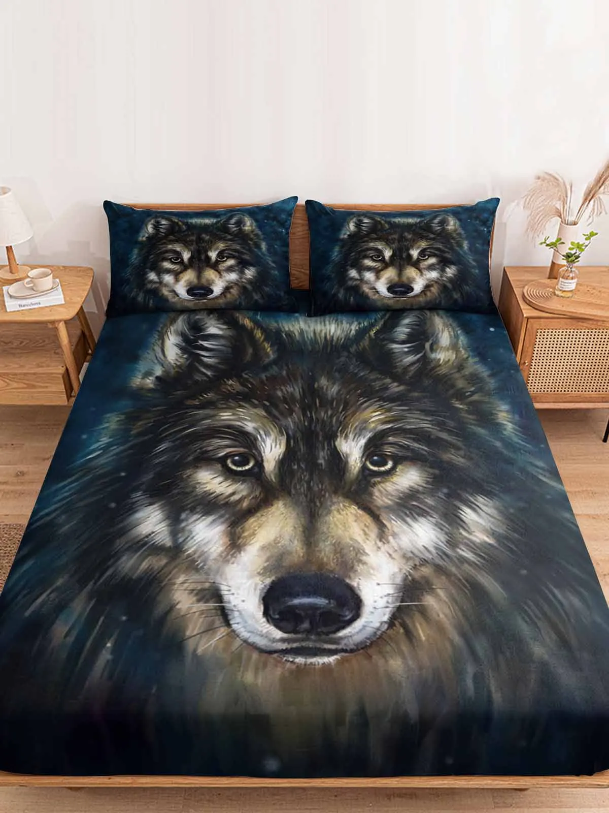 Wolf Head Danqing Animal Fitted Bed Sheet Cover Elastic Band Anti-slip Mattress Protector for Single Double King