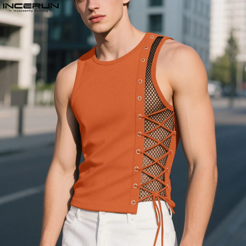 Été hommes débardeurs maille Patchwork à lacets hauts t-shirt INCERUN Sexy sans manches gilets Streetwear hauts de fête surdimensionné vêtements pour hommes