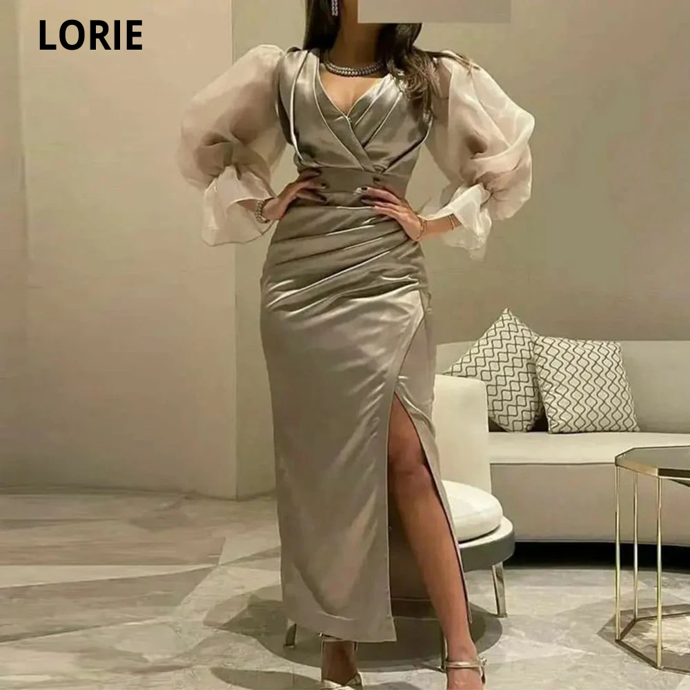 

LORIE Long Organza Sleeves Evening Dresses V-neck Side Split Pleat Satin Mermaid Dubai Arabic Women Prom Gowns Abiti Da Sera