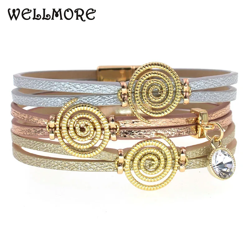 WELLMORE 10 colors leather bracelets for women round Zinc Alloy bracelets magnet wrap bracelets fashion jewelry wholesale