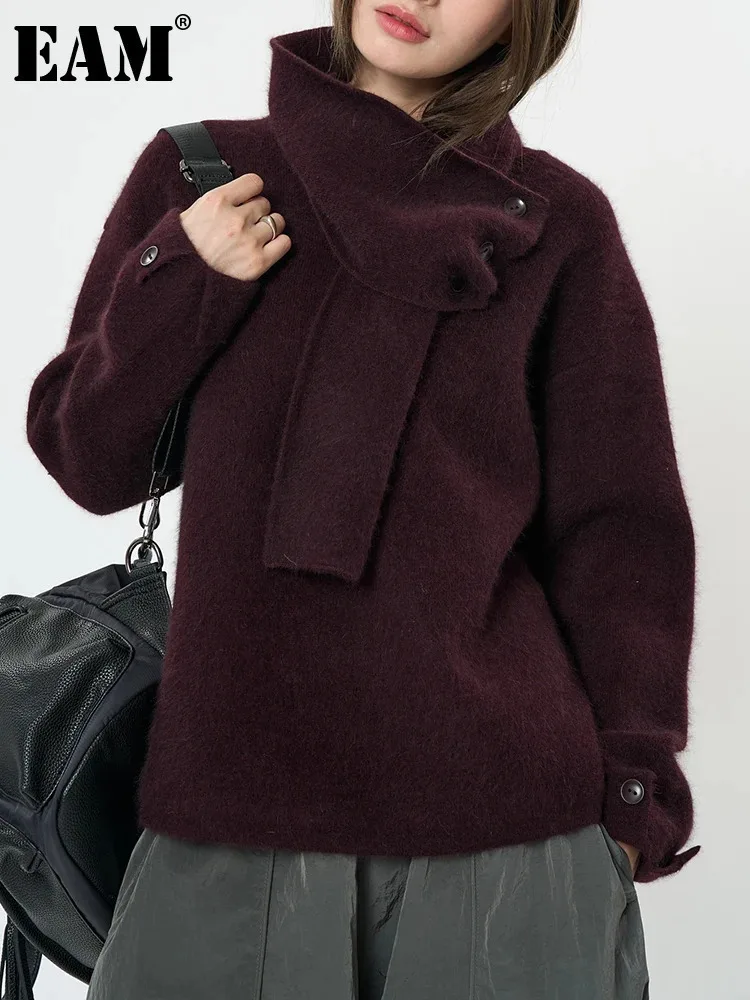 [EAM] Wine Red Scarf Big Size 36% Wool  Sweater Round Neck Long Sleeve Women Pullovers New Fashion Spring Autumn 2025 1DH8414