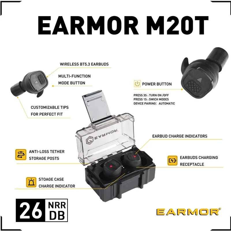 Earmor M20T Bluetooth Tactical Headset Electronic Anti-noise Earplugs Noise-cancelling for Shooting Hearing Protection NRR26db