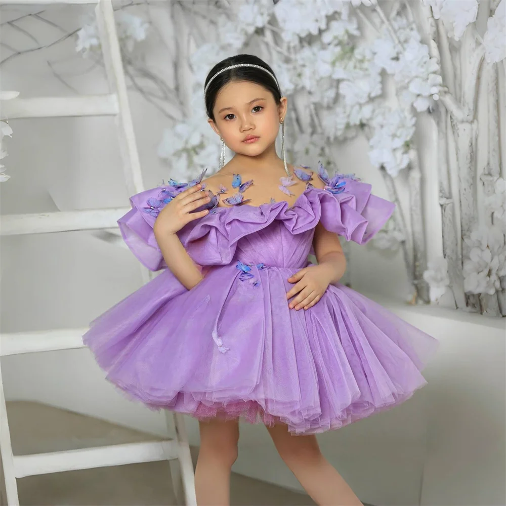 

Flower Girl Dress Dearin Off-the-shoulder Ball Gown Mini Length Skirts Fold Layered Tulle Dresses