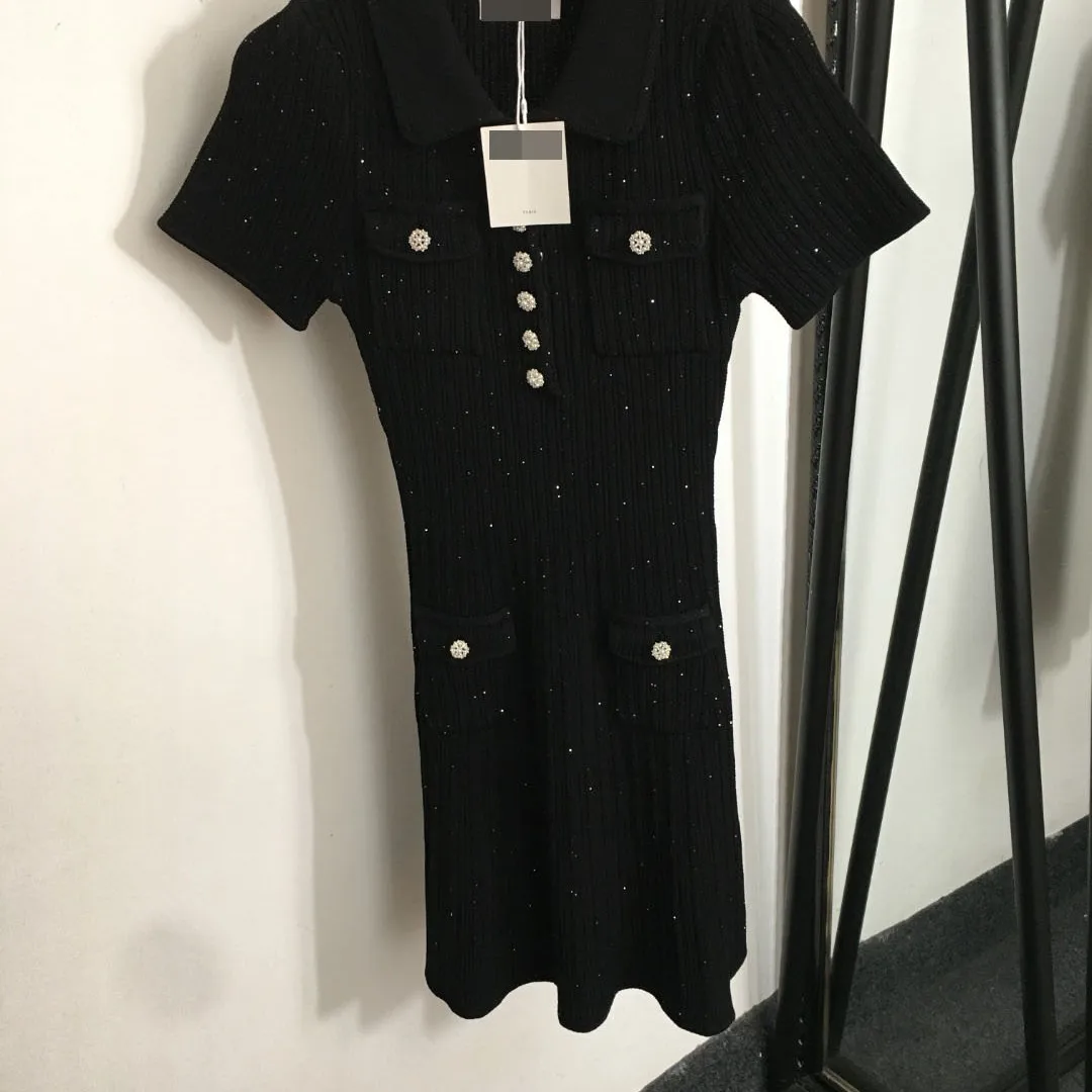 

Diamond Embellied Pearl Flower Button High Waist Slim Fit Knitted ort Sve Dr Ele Chic Sle Polyester Blend Fiber