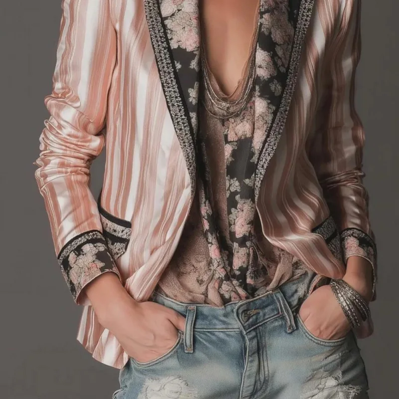 Women's clothing European and American Amazon bohemian color-blocked striped suit jacket