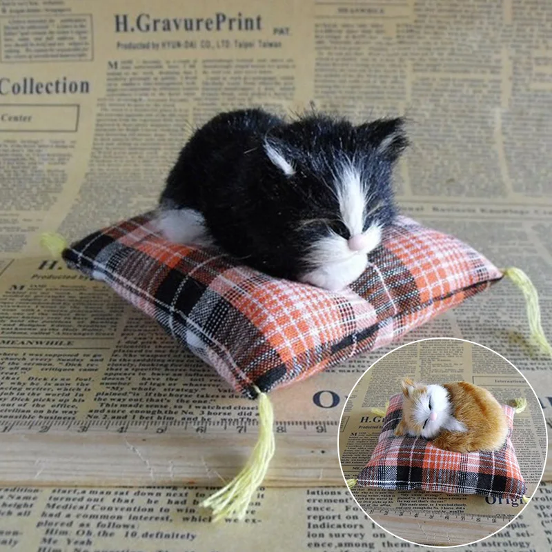 1PC Mini Sleeping Cats On Cushion Simulation Cat Doll Ornaments Cloth Plush Cats For Children's Toys Car Decor Birthday Gifts