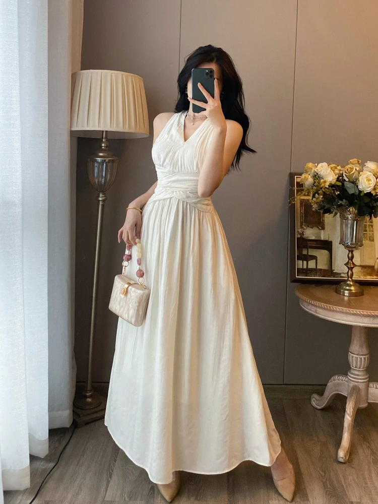 French Elegant Retro Sleeveless Off-shoulder Halter Evening Dress Sexy V-Neck High Waist A-line Temperament Long Dress For Women