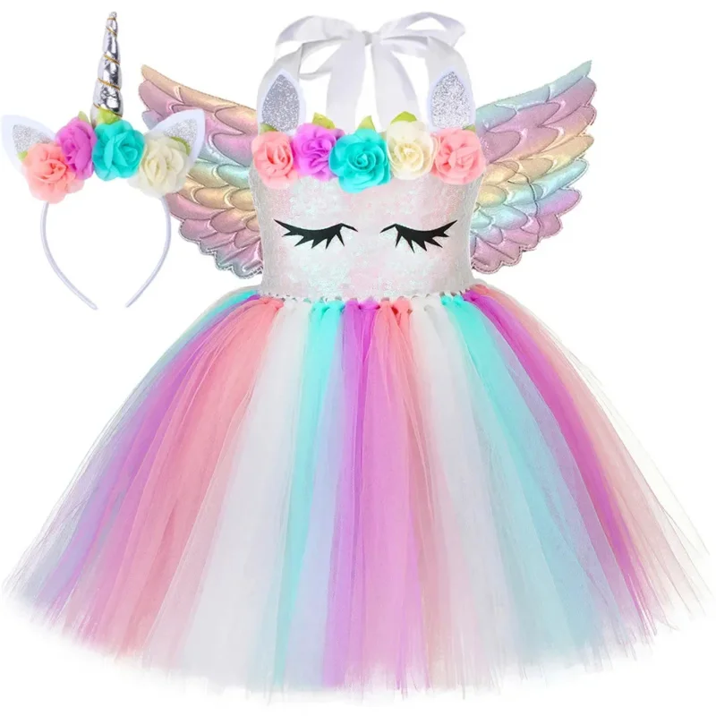 Flowers Girls Unicorn Tutu Dress Pastel Sequins Children Birthday Party Princess Dresses Kids Purim Holiday Halloween Costume