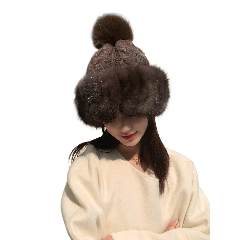 New sable fur hat women's winter temperament casual thickened warm fox hairball mink ear protector knitted hat
