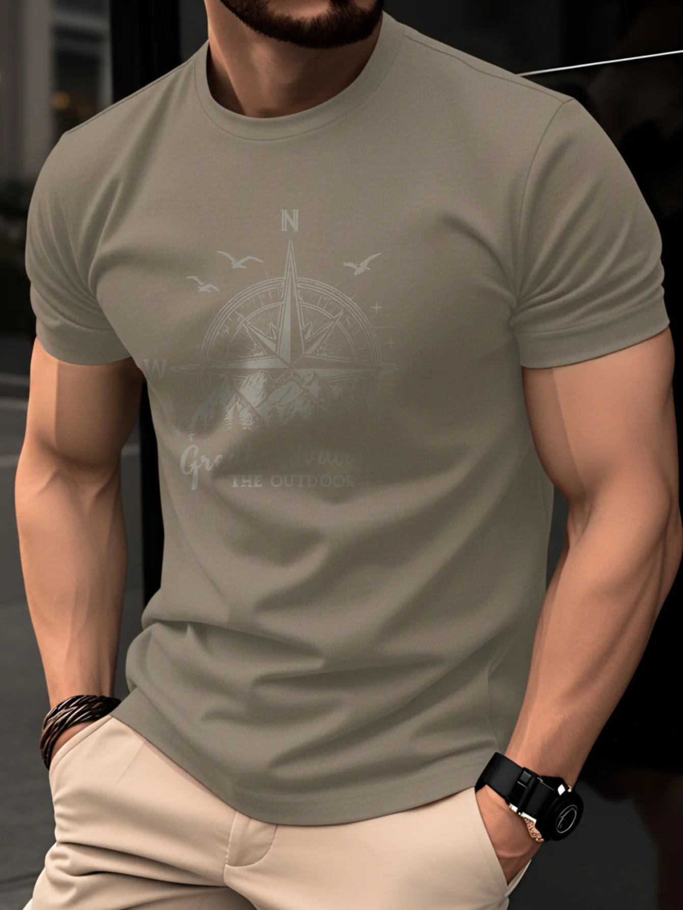 Summer men's 100% pure cotton casual fashionable loose retro compass mountain pattern printed round neck short sleeved T-shirt image 2
