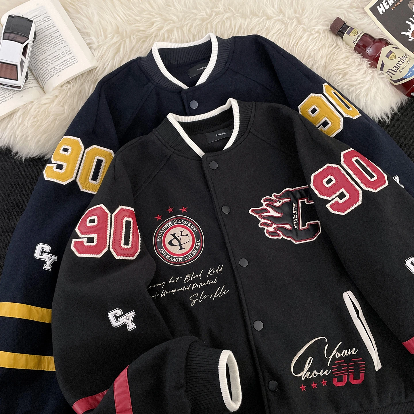 

Retro American High Street Embroidered Baseball Jaet Men's Women's Spor Outerwear Heavyweight Color Blo Trendy Coat