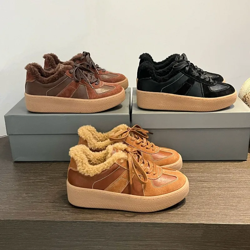 Velvet Leather German Training Shoes Women's New Cotton Winter Wool Flat-bottomed Casual Board Forrest Gump Sneakers Lace-up