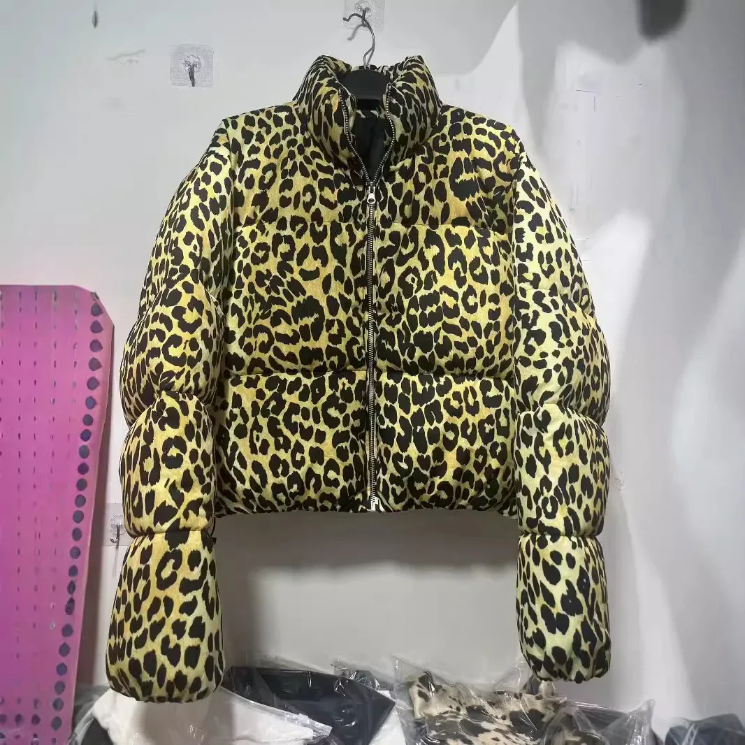 2024 outono inverno feminino leopardo impressão parkas manga longa acolchoado casacos femininos jaquetas de algodão senhora gola com zíper outerwear