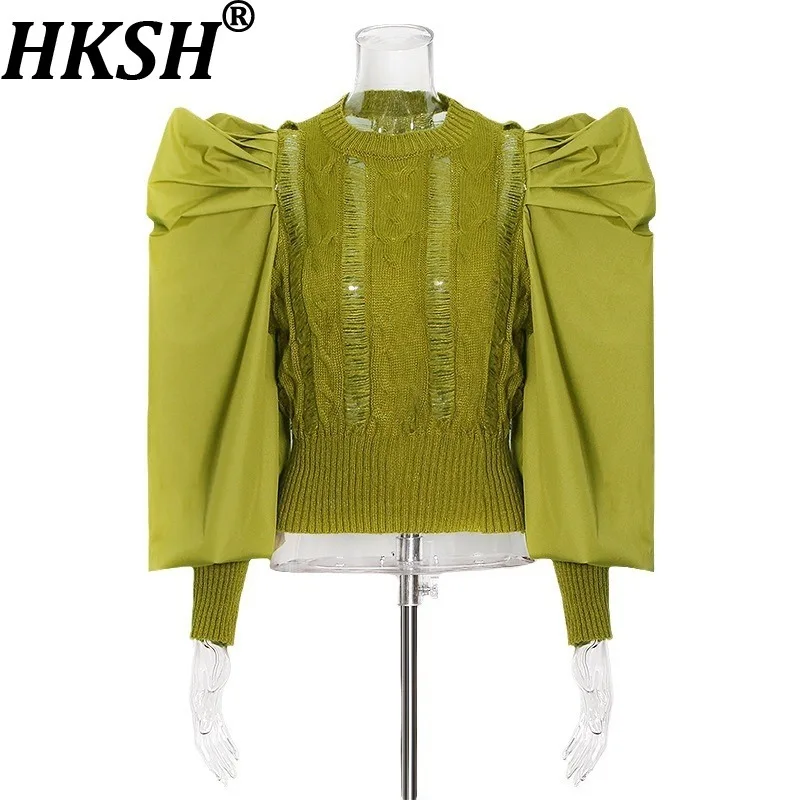 HKSH Women Sweater Fashion Design Patchwork Pleated Hollow Out Solid Color O-Neck Elegant Niche Knit Pullover Autumn New HK27131