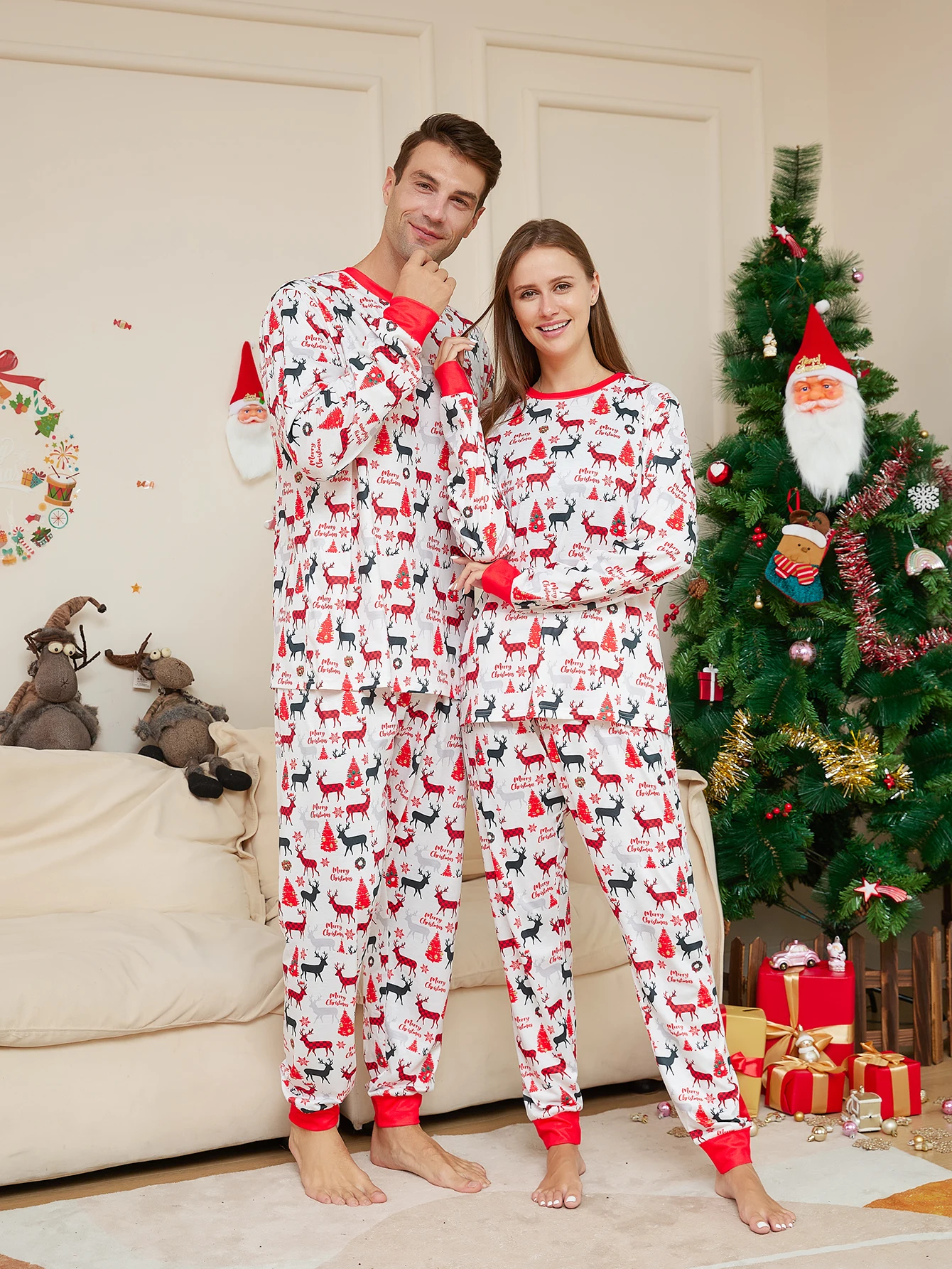 

Cozy Christmas Couple Pajamas: White Pajamas with Reindeer & Christmas Tree Prints