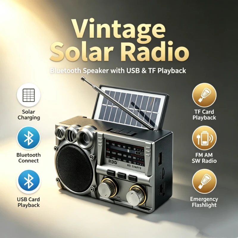 Portable FM AM SW Radio Mini Solar Charging Radios Receiver Support TF USB Wireless Bluetooth Speaker Rechargeable Music Player