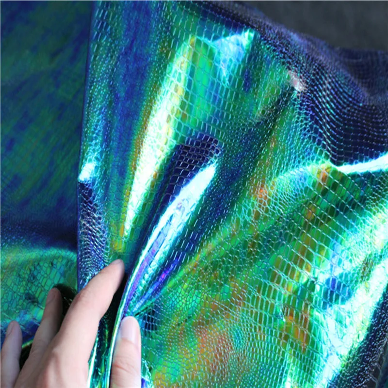 Fashion Shiny Laser Illusion Blue Purple Pu Leather Fabric Original Designer Fabric Sewing Material DIY Creative Clothing